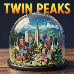 Twin Peaks poster artwork by Michael Whelan and Tomer Hanuka, Karol Bak, Rendering of a miniature of town of Twin Peaks in glass cake dome!!!!!, from scene from Twin Peaks, full of details, by Makoto Shinkai and thomas kinkade, Matte painting, trending on artstation and unreal engine