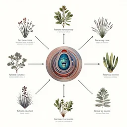 a spiritual clean diagram aboriginal about selk ´ nam and the healings plants, muy definido, with lines interconnecting situations, clean design,, by norman rockwell, alfonse mucha, award winning photo, iridescence, octane render, panavision millennium dxl 2,