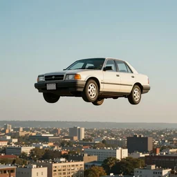 a car hovering in the sky, a city below