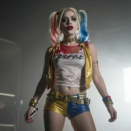 Lady Gaga as real-life Harley Quinn, cinematic, Low angle, atmospheric fog and lighting, directed by Michael Bay, movie still, photography