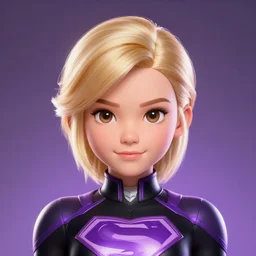 character concept portrait, symmetrical head-on centralized, super-hero girl, small-domino, blond, black and violet costume, aura of power. Detailed, high quality, dynamic lightning, fantasy. Artwork by Artgerm, WLOP, Alex Ross, Greg Rutknowski, Alphonse Mucha