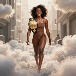 color photo of an angry black female champion walking on the clouded street, soft lighting, worm tone.