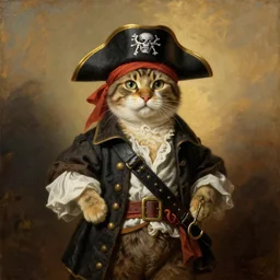 a cat wearing a pirate suit proudly posing for a portrait, centred, painted by rembrandt intricate ultra detailed painting atmospheric lighting golden hour