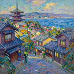 a beautiful japanese city near the sea, amazing ryokans and gorgeous edo era houses, epic cyberpunk, lofi vibe, colorful, vivide colors, oil painting in impressionist style, by jeremy lipkin, by claude monet, by makoto shinkai, multiple brush strokes, inspired by ghibli, masterpiece, beautiful