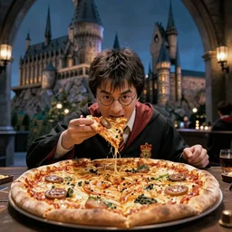 harry potter eating a giant pizza inside hogwarts castle