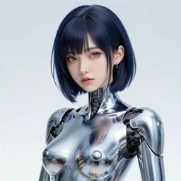beautiful female chrome robo, portrait by hagime sorayama and gerald brom, colorul, extreme detail, reflections, trending on artstation, 8 k