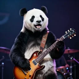 a high quality photo of  panda singing, and playing electric guitar, on stage in a rock concert, render, ultra realistic, cgsociety