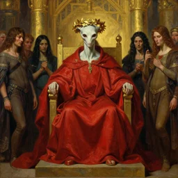 beautiful oil painting, high details, alien in royal crimson robes enthroned as the alien god emperor of ancient civilization surrounded by servants in gilded halls a golden wreath upon his head, by anders zorn, wonderful masterpiece by greg rutkowski, beautiful cinematic light, american romanticism, by giger, rolf armstrong, ernie barnes, thomas lawrence, greg rutkowski