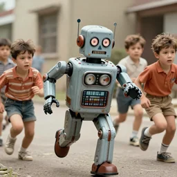 in the style of 1960s, A robot is running after kids ,with fully detailed faces,  fully detailed , faces in focus ,4k ,HD