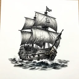 a pirate ship sailing in the sea, realism tattoo design with amazing shades by david vega, clean white paper background