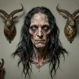 portrait of a old lovecraftian underwater fish man hybrid with long wet tattered tangles of thinning black hair, eerie glowing eyes, wall hanging trophy taxidermy, hyper realistic head, fantasy art, in the style of greg rutkowski, zdizslaw beksinski, intricate, alphonse mucha, hyper detailed, smooth