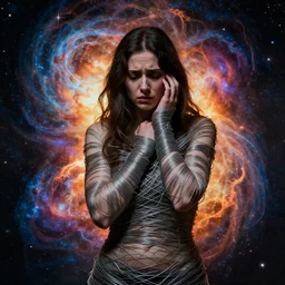 an anxious woman wrapped in wire, surrounded by an exploding nebulas, by caravaggio