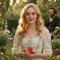 Elle Fanning holding a peach in a garden, golden hour, artstation, by J. C. Leyendecker and Peter Paul Rubens,
