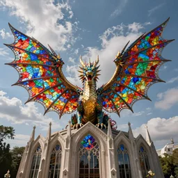 outside exterior view flying stain glass wings cathedral lens dragon in the sky, artstation, cinematic, concept art, 8k, Pinterest, cgsociety, hyper detailed, ultra realistic, illustration, epic, high resolution, post processing, high quality,