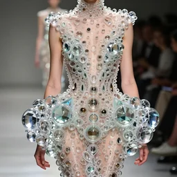 iris van herpen haute couture collection central piece coated thousands of different size glass bubbles with transparent silicone to form a bioluminescent prism as a glass dress, the bubbles are arranged into a high - necked, sleeveless bodice and extended out from the waist into a skirt, curvy model, expert photography sigma 8 5 mm f _ 8, high detail