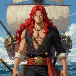 epic fantasy portrait painting of a long haired, red headed male sky - pirate in front of an airship in the style of the one piece