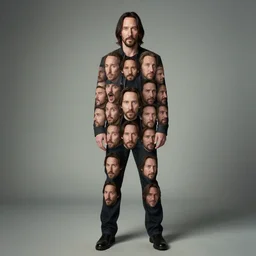 a full body view of keanu reeves made entirely of faces of keanu reeves, photorealistic