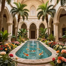 cathedral interior with koi pond in the middle surrounded by palm trees, flowers, roses, tropical plants, and archways. photorealistic lighting rendered in octane