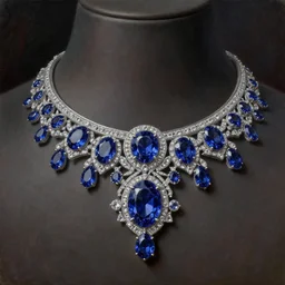highly detailed oil painting, front view, very realistic gemstones, art nouveau, ornate, delicate, brilliant sapphire choker, necklace on display, dramatic light,