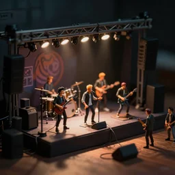 tilt shift focus, miniature punk band performing on stage, figurines, toy, extreme dof