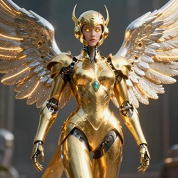 maria of metropolis, humanoid robot, golden full body armor, deployed silver wings, beautiful helmet in the shape of a face, glowing yellow eyes, scifi, futuristic, raytracing, glowwave, sharp focus, cinematic lighting, artstation, divine, unreal engine 5 rendered, by fritz lang, art style by pixar warner bros dreamworks disney and kazuya takahashi