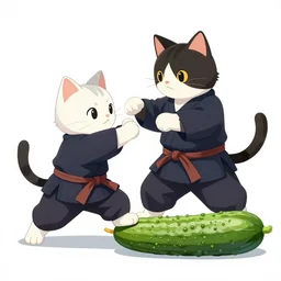 a samourai cat fighting against a cucumber