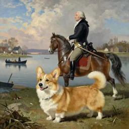 Washington crossing the Delaware on a corgi, Painted by Emanuel Leutze