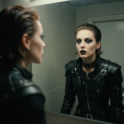 cinestill 5 0 d candid photographic portrait by stanley kubrick of a feminine man wearing rugged black techwear and glitter goth makeup looking in the bathroom mirror, cramped new york apartment, medium closeup, retrofuturism cyberpunk cinematic, light and shadows, 8 k, hd, high resolution, 3 5 mm, f / 3 2, ultra realistic faces