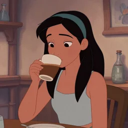 Woman drinking coffee, Disney Animation Studio