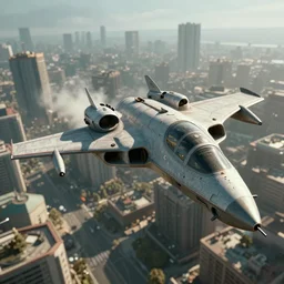 Extreme long shot of a CGI Combine Jet trooper flying over City 17, from Half-Life 2