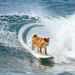 a shiba inu surfboarding a giant wave, looking heckin cool and stylish, doing a sweet trick
