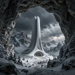 futuristic atmosphere in the snowy mountains dolomites 3 d concept art, cinematic lighting, in the mouth of a cave, intricate details, building by zaha hadid, stormy weather, emissary space by arthur haas and bruce pennington and john schoenherr, cinematic matte painting, dark moody monochrome colors, trending on artstation, featured on behance