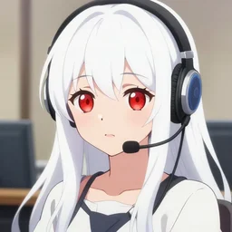 anime portrait of white long haired red eyed young cute girl wearing headset by mishima kurone