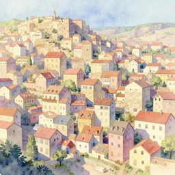 sprawling city of pastel stone, sunlight and whimsical houses, digital art by artgerm ( watercolor )