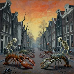 painting of lobster like creatures with surrealistic morphed skeletons roaming the streets of Amsterdam, Zdzislaw Beksinski, Wayne Barlowe, Joe Fenton, gothic, cosmic horror, biomorphic, lovecraftian, amazing details, cold hue's, warm tone gradient background