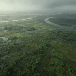 realistic full height 7 0 mm cinematic flat rothko picture stunning river delta aerial top view highly detailed intricate particle simulation in houdini of dense swampland by denis villeneuve and hiroshi yoshida, hazy morning foggy, distant rainstorm, hyperrealism, muted moorland colors, matte painting, trending on artstation, 4 k detailed post processing, rendered in octane