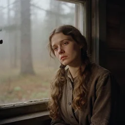 portrait bust of young woman, tired expression, faded color film, russian cinema, tarkovsky, kodachrome, inside old cabin, next to window, heavy forest outside, long brown hair, old clothing, heavy fog, brown color palette, hudson river school, 4 k, dramatic lighting, greg rutkowski