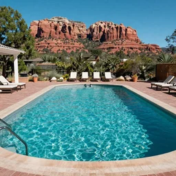 a beautiful day in Sedona by a  pool,colorised,photograph