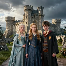 miranda ottoas eowyn, and harry potter stand together in front of a castle