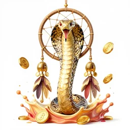 king cobra dream catcher golden coins splash art graphic design color splash high contrasting art, fantasy, highly detailed, art by greg rutkowski