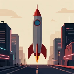 rocket standing on a street in the middle of a cyberpunk city, neon signs, beige background, minimalism, clouds, night time, dramatic lighting flat design, flat colors, in the style of a soviet propaganda poster