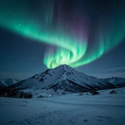 starlight under aurora in the snow mountain, futurepunk, trending on artstation
