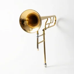 obsidian trombone, photorealistic, isolated on a pure white background, centered, entire object in frame, sharp focus, soft studio lighting