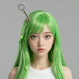 Green pretty slimegirl with key lodged in her head, 4k, photorealistic