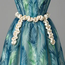 the decorative detail of padded satin rouleaux are applied lavishly to this 1 8 2 0 s blue and green gauze dress. the feather pattern is an ethereal choice in gauze, overlaid with the couched loops of ivory silk. - n 9