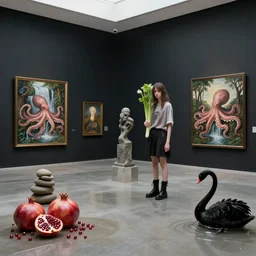 a flooded modern art gallery, paintings on black walls, a tall emo girl holding celery and wearing black demonia boots, pomegranates, octopus, waterfall, stone sculpture, zen, black swans, berries, surrealist, by magritte and monet