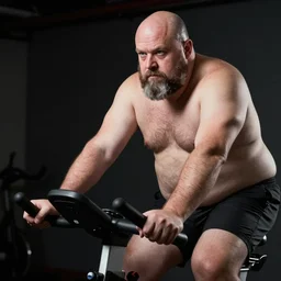 ethan van sciver as a big chonky man with a bald head, trimmed grey beard and pointed nose, sitting on and using his peloton exercise bike, photorealistic, dramatic