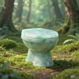 a toilet stool made of jade in the middle of a forest, realistic, dreamy, volumetric lighting, high detail, 4 k, artstation