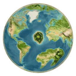 game map overworld concept art, circular map with continents and a central island