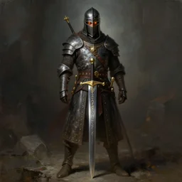 ! a medieval warrior with a sword etched with runes and orange glowing eyes, advanced lighting from above, full body, detailed digital painting masterpiece by frank frazetta craig mullins and daniel f gerhartz, gorgeous, 4 k